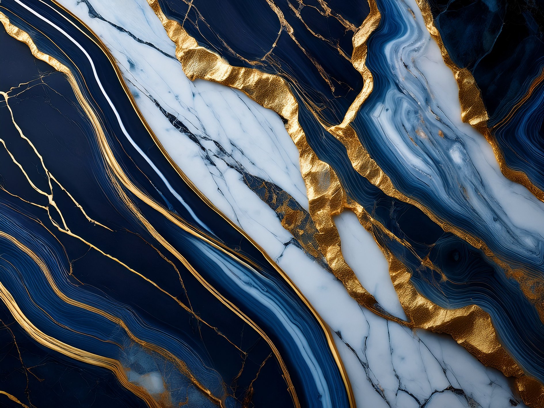 Abstract navy, white and gold marble pattern with flowing layered textures